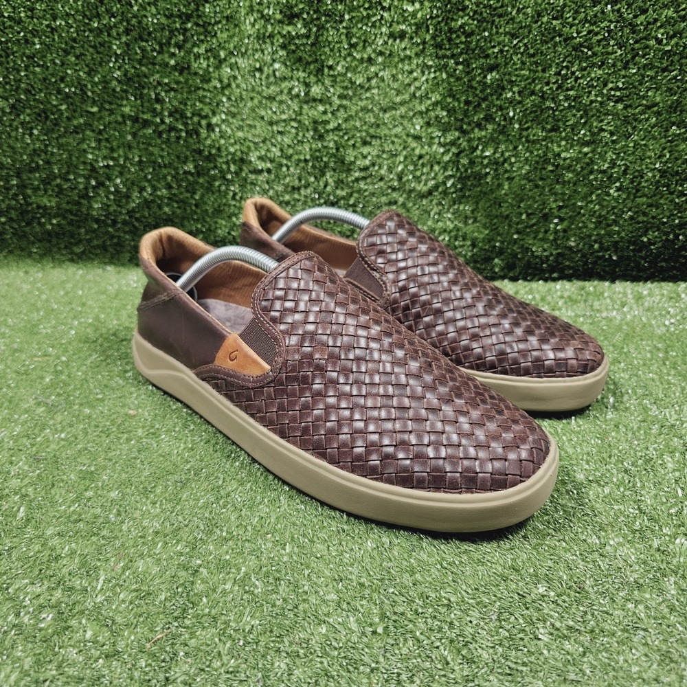 OluKai Lae'ahi Lauhala Woven Dark Brown Leather Slip On Loafers Mens Size 10